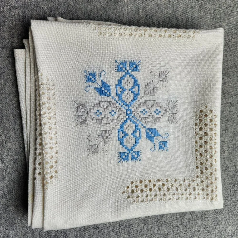 Vintage Embroidered Linen Tablecloth – 40"x40" Floral Blue Gray Stitching - Picture 3 of 13
